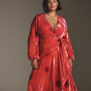 New Anthropologie Hutch Long-Sleeve V-Neck Wrap Midi Dress Burnout velvet